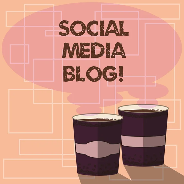 Word writing text Social Media Blog. Business concept for Web page that serves publicly accessible demonstratingal journal Two To Go Cup with Beverage and Steam icon Blank Speech Bubble photo.