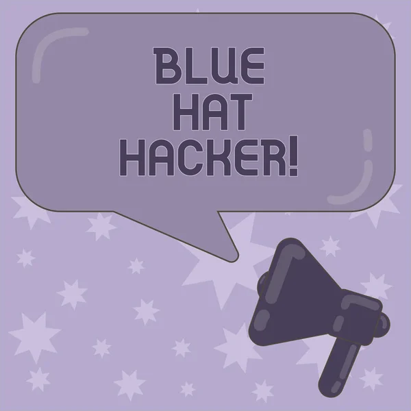 Note d'écriture montrant Blue Hat Hacker. Photo d'affaires mettant en vedette des sociétés de conseil en personne qui boguent le système avant son lancement Megaphone et bulle vocale rectangulaire couleur avec réflexion . — Photo
