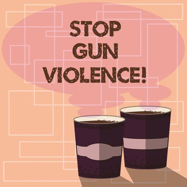 Texto escrito por palavra Stop Gun Violence. Conceito de negócio para perigo comprometido com o uso de arma de fogo ou braço pequeno Two To Go Cup com bebida e ícone de vapor Foto de bolha de fala em branco . — Fotografia de Stock