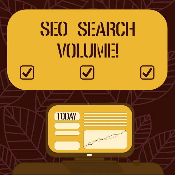 Conceptual hand writing showing Seo Search Volume. Business photo text quantity of searches that occur for particular keyword Mounted Computer Screen with Line Graph on Desk Text Box. — Stock Photo, Image