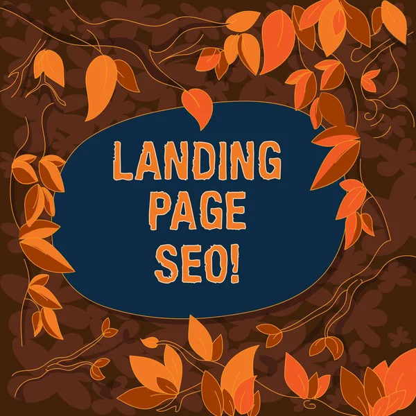 Conceptual hand writing showing Landing Page Seo. Business photo showcasing web that visitor arrive after they click link search engine Tree Branches Scattered with Leaves Blank Color Text Space. — Stock Photo, Image