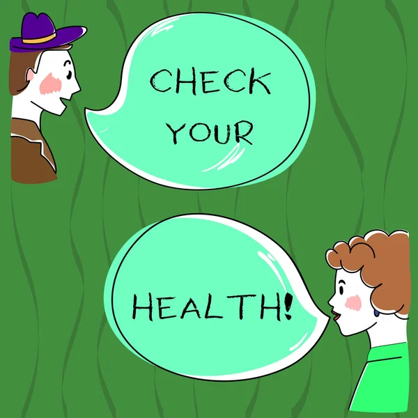 Escribir una nota que muestra Check Your Health. Foto de negocios que muestra el examen físico incluye una variedad de diferentes pruebas de análisis de Hand Wo Talking photo with Blank Color Speech Bubble . —  Fotos de Stock