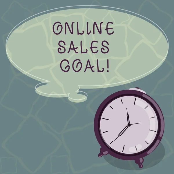 Conceptual hand writing showing Online Sales Goal. Business photo text working backward from your company annual revenue target Color Thought Speech Bubble with Outline and Alarm Clock.