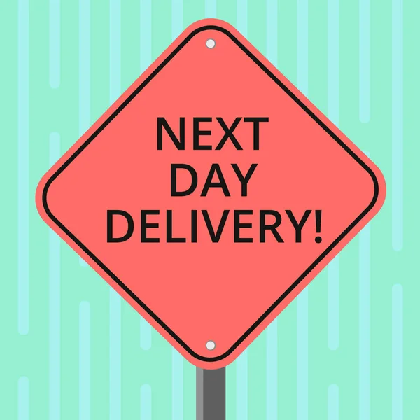 Word writing text Next Day Delivery. Business concept for service allows you have goods delivered day after order Blank Diamond Shape Color Road Warning Signage with One Leg Stand photo.