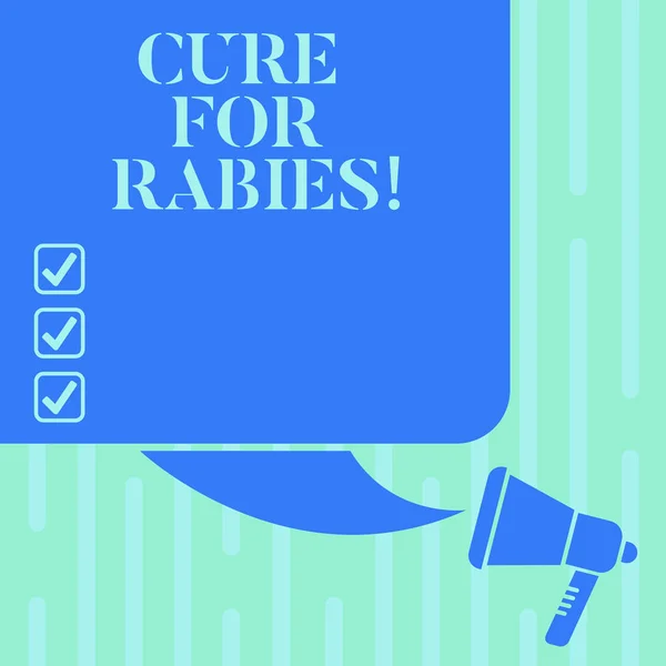 Word writing text Cure For Rabies. Business concept for Vaccination medicines to fight against illness lethal virus Color Silhouette of Blank Square Speech Bubble and Megaphone photo. — Stock Photo, Image