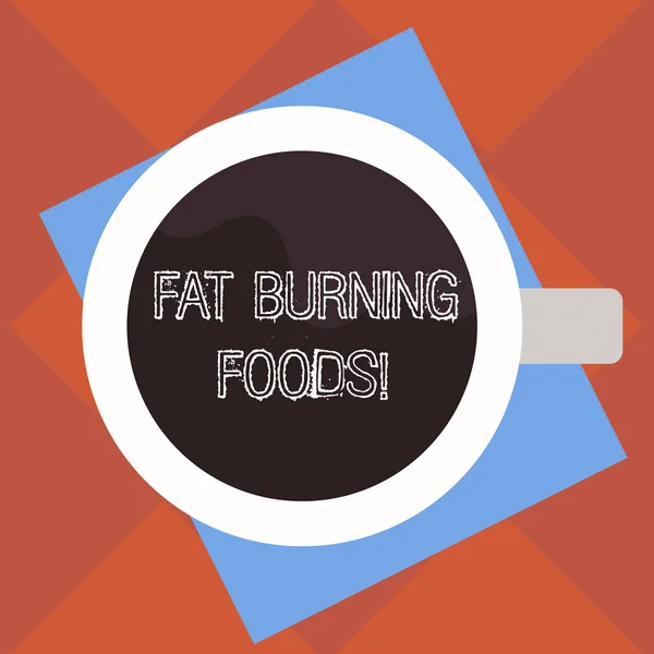 Handwriting text Fat Burning Foods. Concept meaning Certain types of food burn calories as you chew them Top View of Drinking Cup Filled with Beverage on Color Paper photo. — Stock Photo, Image