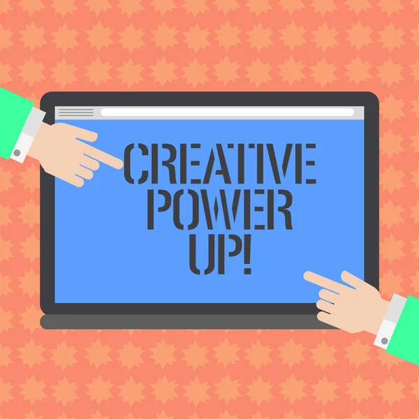 Nota de escritura que muestra Creative Power Up. Exhibición de fotos de negocios caracterizada por el pensamiento de originalidad o la inventiva Análisis de Hu Manos Señalando una pantalla de tableta en color en blanco . — Foto de Stock