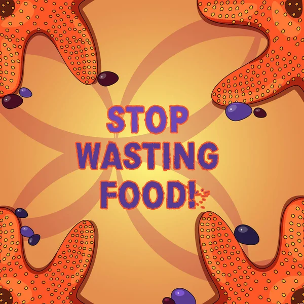 Writing note showing Stop Wasting Food. Business photo showcasing organization works for reduction food waste in society Starfish on Four Corners with Pebbles for Poster Ads Cards. — Stock Photo, Image