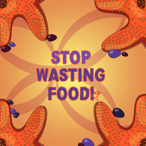 Writing note showing Stop Wasting Food. Business photo showcasing organization works for reduction food waste in society Starfish on Four Corners with Pebbles for Poster Ads Cards.