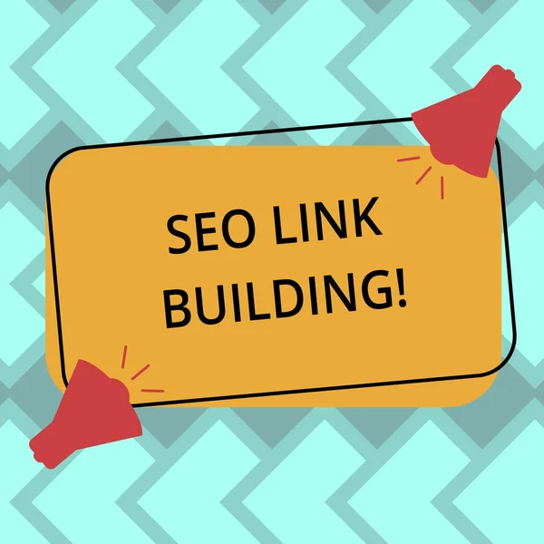 Text sign showing Seo Link Building. Conceptual photo getting other websites to link back your website Two Megaphone with Sound icon on Blank Color Outlined Rectangular Shape. — Stock Photo, Image