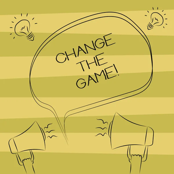 Text sign showing Change The Game. Conceptual photo Make a movement do something different new strategies Freehand Outline Sketch of Blank Speech Bubble Megaphone Sound Idea Icon.