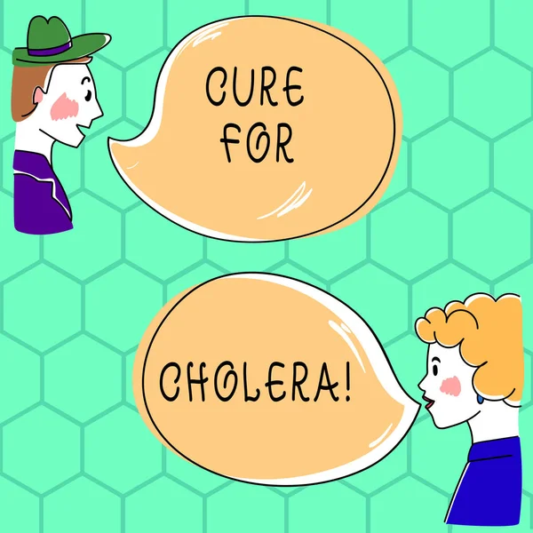 Scrivere testi a mano Cure For Cholera. Concetto che significa ripristino di liquidi e sali persi attraverso la reidratazione Man Drawn Man e Wo analisi Parlare foto con Blank Color Speech Bubble . — Foto Stock