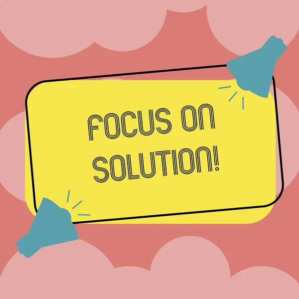 Writing note showing Focus On Solution. Business photo showcasing powerful practical way to achieve positive change Two Megaphone with Sound icon on Color Outlined Rectangular Shape. — Stock Photo, Image