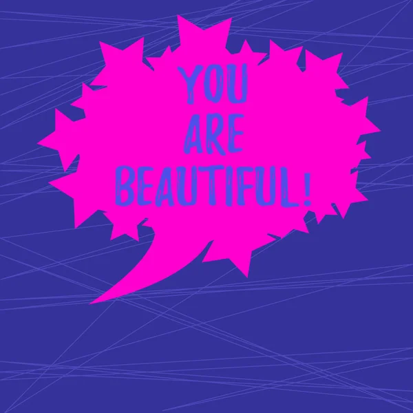Text sign showing You Are Beautiful. Conceptual photo telling girl that she has good looking from outside Blank Oval Color Speech Bubble with Stars as Outline photo Text Space. — Stock Photo, Image