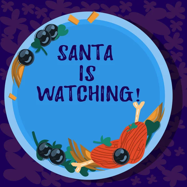 Κείμενο πινακίδα που δείχνει Santa παρακολουθεί. Εννοιολογική φωτογραφία παραδίδει τα δώρα σαν παιχνίδια σε όλα τα καλά συμπεριφέρθηκε παιδιά χέρι που αρνί παϊδάκια βότανο μπαχαρικό ντοματίνια σε κενή πλάκα χρώματος. — Φωτογραφία Αρχείου