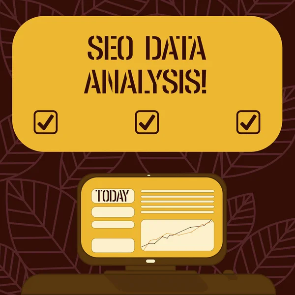 Escritura manual conceptual que muestra Seo Data Analysis. Los cambios de texto de foto de negocios en el sitio web lo hacen más visible motores de búsqueda Pantalla de computadora montada con gráfico de línea en el escritorio Cuadro de texto . —  Fotos de Stock