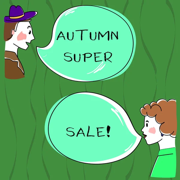 Writing note showing Autumn Super Sale. Business photo showcasing having great discounts products on season after summer Hand Wo analysis Talking photo with Blank Color Speech Bubble. — Stock Photo, Image