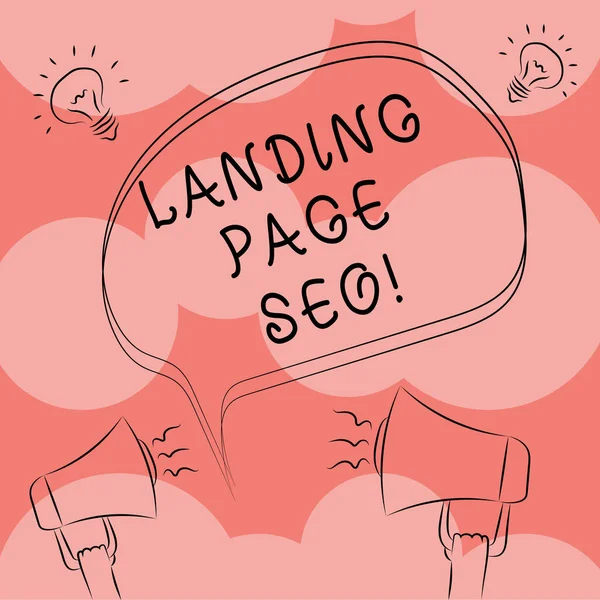 Writing note showing Landing Page Seo. Business photo showcasing web that visitor arrive after they click link search engine Freehand Outline Sketch of Speech Bubble Megaphone Idea Icon. — Stock Photo, Image