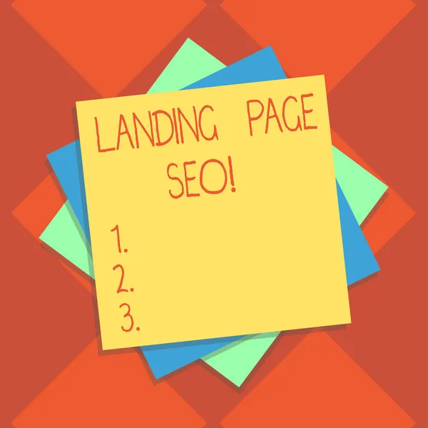 Escritura a mano de texto Landing Page Seo. Concepto que significa web que el visitante llega después de hacer clic en el motor de búsqueda de enlaces Capa múltiple de hojas en blanco Color Papel Cartón foto con sombra . — Foto de Stock