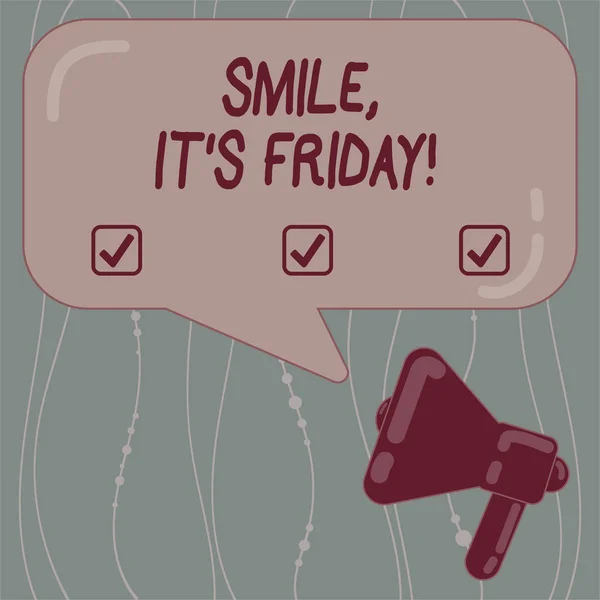 Text sign showing Smile It S Is Friday. Conceptual photo be pleased kind or amused facial expression at weekend Megaphone photo and Blank Rectangular Color Speech Bubble with Reflection. — Stock Photo, Image