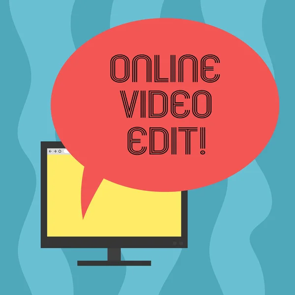 Conceptual hand writing showing Online Video Edit. Business photo showcasing taking away clips of that video that are not necessary Mounted Computer Blank Screen with Oval Color Speech Bubble.