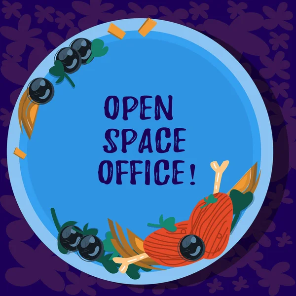 Text sign showing Open Space Office. Conceptual photo minimizes use of small enclosed rooms as private offices Hand Drawn Lamb Chops Herb Spice Cherry Tomatoes on Blank Color Plate.