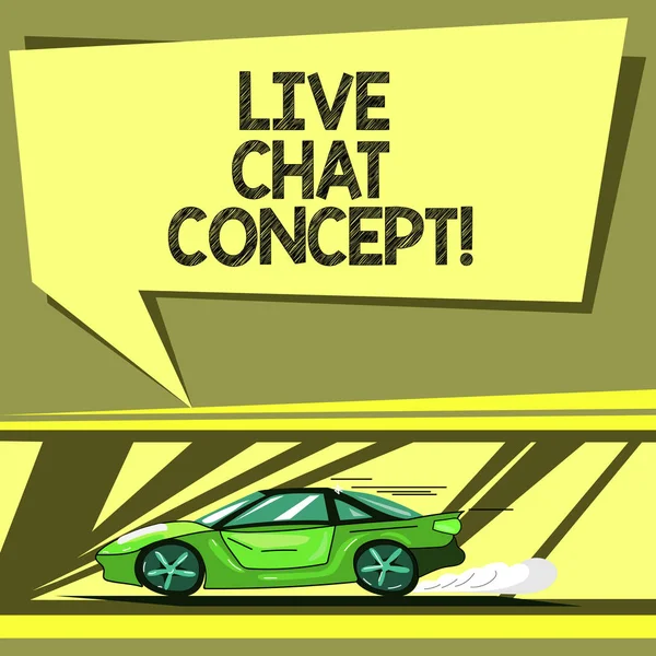 Écriture conceptuelle montrant Live Chat Concept. Photo d'affaires mettant en valeur le service Web qui permet de montrer aux amis de communiquer avec l'icône de la voiture avec mouvement rapide et la bulle vocale de fumée d'échappement . — Photo