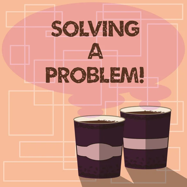 Word writing text Solving A Problem. Business concept for include mathematical or systematic operation find solution Two To Go Cup with Beverage and Steam icon Blank Speech Bubble photo.