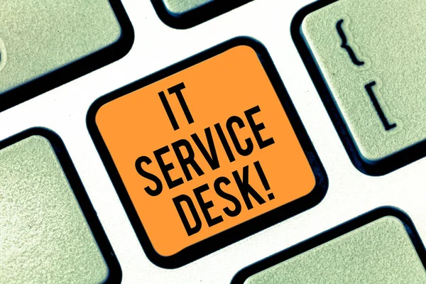 Text sign showing It Service Desk. Conceptual photo Technological support online assistance help center Keyboard key Intention to create computer message pressing keypad idea.