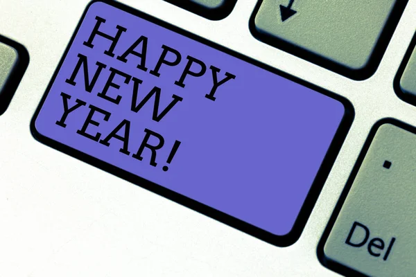 Conceptual hand writing showing Happy New Year. Business photo showcasing Greeting Celebrating Holiday Fresh Start Best wishes Keyboard key Intention to create computer message idea
