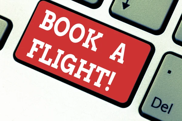 Handschrift Textschreiben Buch einen Flug. Konzept, das bedeutet, Tickets zu kaufen, um eine Reise mit dem Flugzeug zu planen Urlaub Tastatur Schlüsselabsicht, Computer-Nachricht zu erstellen drücken Tastatur Idee. — Stockfoto