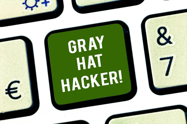 Writing note showing Gray Hat Hacker. Business photo showcasing Computer security expert who may sometimes violate laws Keyboard key Intention to create computer message pressing keypad idea.