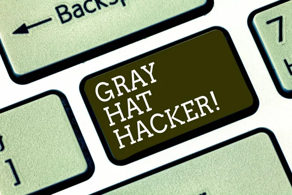 Word writing text Gray Hat Hacker. Business concept for Computer security expert who may sometimes violate laws Keyboard key Intention to create computer message pressing keypad idea.