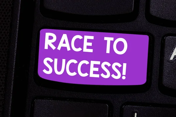 Writing note showing Race To Success. Business photo showcasing Competition for good development successful business Keyboard key Intention to create computer message pressing keypad idea.