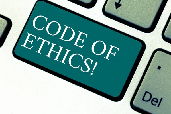 Handwriting text Code Of Ethics. Concept meaning Moral Rules Ethical Integrity Honesty Good procedure Keyboard key Intention to create computer message pressing keypad idea.