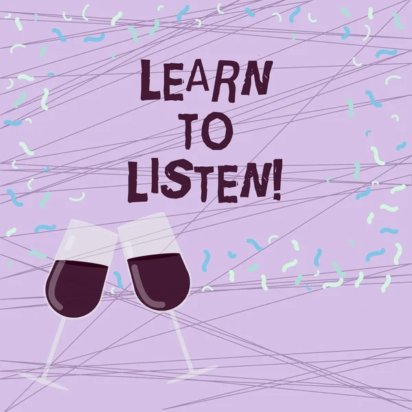 เรียนรู้การฟัง แนวคิดทางธุรกิจสําหรับความสามารถในการทําความเข้าใจสิ่งที่แสดงบอกคุณให้เคารพ เติมแก้วไวน์ขนมปังสําหรับงานเฉลิมฉลองด้วยการกระจายภาพ Confetti . — ภาพถ่ายสต็อก