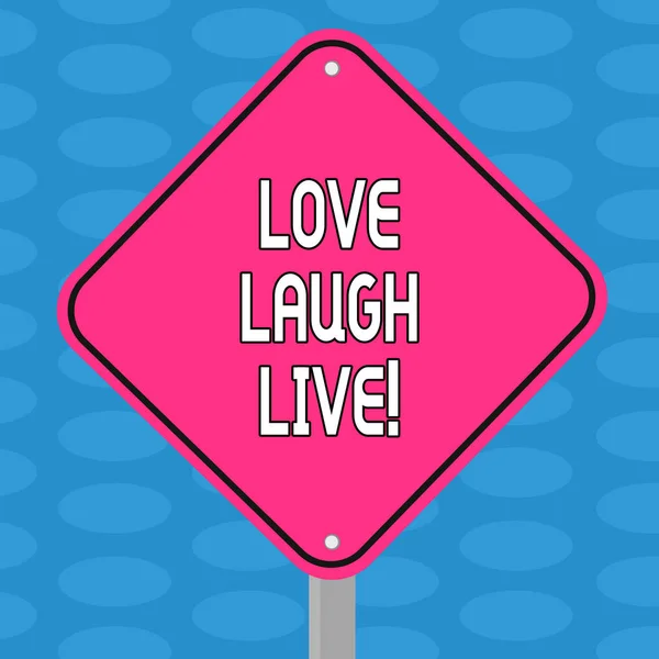 文字文字爱笑生活。商业理念为被启发积极享受你的天笑幽默空白钻石形状彩道警告标牌与一腿立场的照片. — 图库照片