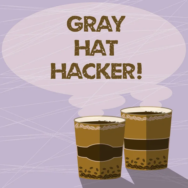 Handwriting text Gray Hat Hacker. Concept meaning Computer security expert who may sometimes violate laws Two To Go Cup with Beverage and Steam icon Blank Speech Bubble photo.