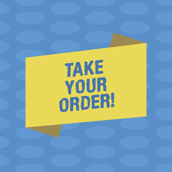 Текст для написания слов Take Your Order. Бизнес-концепция обслуживания в кафе или любом другом месте питания Blank Color Folded Banner Strip Flat Style фото для объявления плакат . — стоковое фото