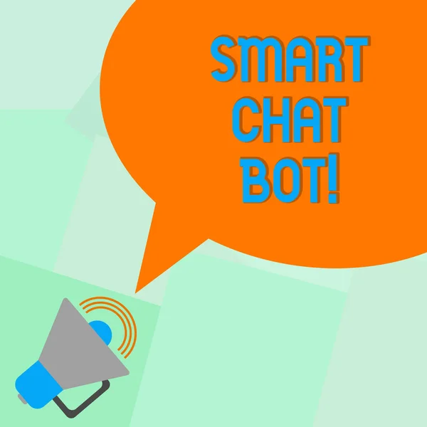 Kavramsal el akıllı Chat Bot gösterilen yazma. Robotlar megafon ses hacmi ve boş renk konuşma balonu ile yapay zeka ile sohbet vitrine iş fotoğraf makineleri. — Stok fotoğraf