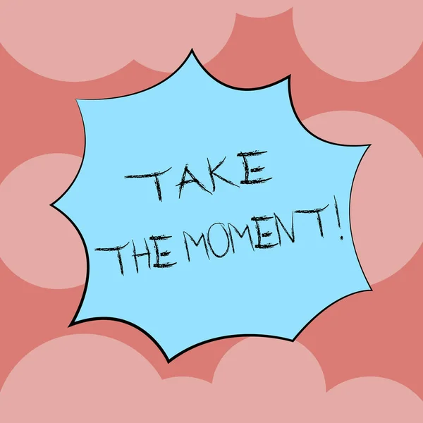 Writing note showing Take The Moment. Business photo showcasing Seize the day and opportunity be happy optimistic positive Explosion Blast Scream Speech Bubble for Promotion Ads. — Stock Photo, Image