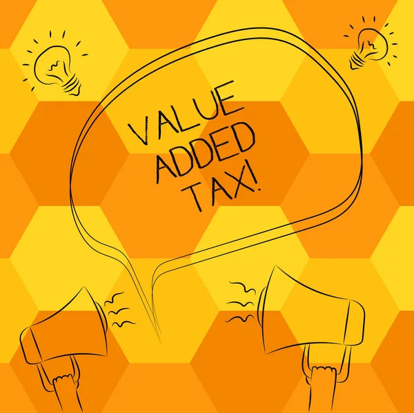 Handwriting text writing Value Added Tax. Concept meaning Amount of money added to cover production and distribution Freehand Outline Sketch of Blank Speech Bubble Megaphone Sound Idea Icon.