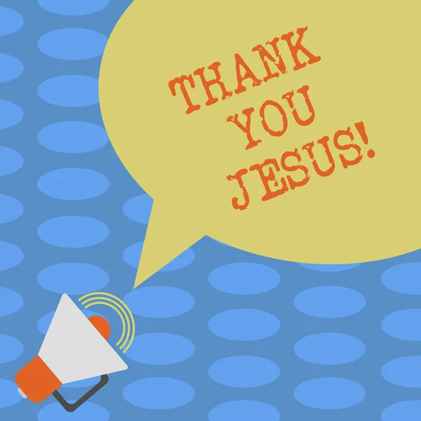 Szöveg írása köszönöm Jézus szó. Üzleti koncepció, amiért hálás, a mit az Úr adott neked vallási megafon hang hangerő ikon és üres színes beszéd buborék kép. — Stock Fotó