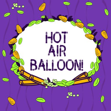 Kavramsal el sıcak hava balonu gösterilen yazma. İş fotoğraf vitrine içine bir yolculuk var bir sepet uçuş roanalysistic gezi çelenk yaptı, farklı renk tohum yaprakları ve tarçın.
