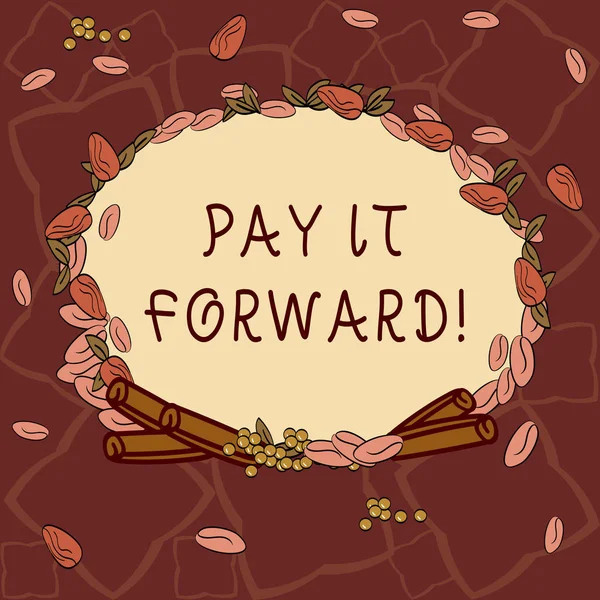 Signo de texto que muestra Pay It Forward. Foto conceptual Haga el pago una cierta cantidad de tiempo después de comprar corona hecha de diferentes hojas de semillas de color y la foto de canela laminada . —  Fotos de Stock