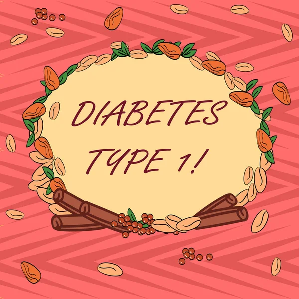 Word writing text Diabetes Type 1. Business concept for condition in which the pancreas produce little or no insulin Wreath Made of Different Color Seeds Leaves and Rolled Cinnamon photo.