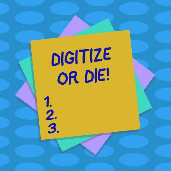 Texto de escritura de palabras Digitalizar o morir. Concepto de negocio para Abrace la evolución digital o déjese vencer por la competencia Múltiples capas de hojas en blanco Color Papel Foto de cartón con sombra . —  Fotos de Stock