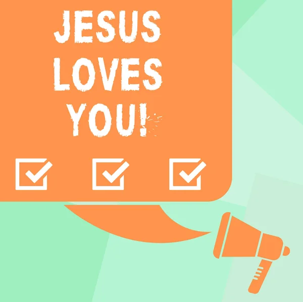 İsa sizi seviyor gösterilen yazma kavramsal el. İş fotoğraf metin inanıyorum inanıyorum Tanrı'dini gösteren renk siluet, boş Meydanı konuşma balonu ve megafon. — Stok fotoğraf