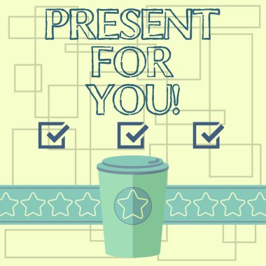 Sizin mevcut için gösterilen metin işareti. Özel sürpriz bir hediye almak için kavramsal Fotoğraf fırsat takdir Go Kupası kapak kapak ve yıldız üstünde şerit boş metin yer ile 3d kahve.