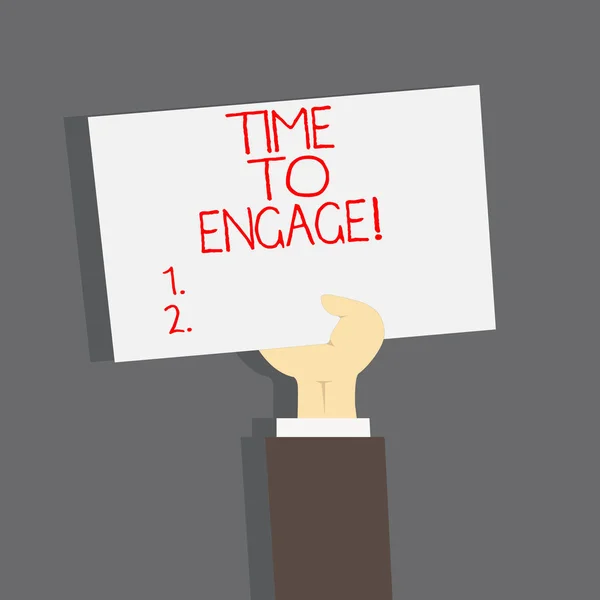 Escritura a mano conceptual que muestra Time To Engage. Texto de la foto de negocios Momento adecuado para conseguir un compromiso con alguien . — Foto de Stock